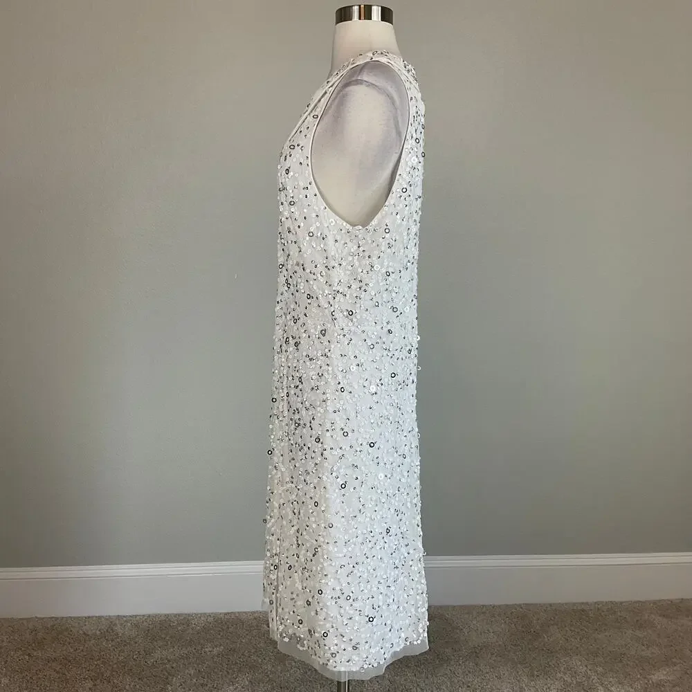 Adrianna Papell Sequin Sleeveless Sheath Cocktail Dress White and Silver Size 8 - Picture 6 of 13